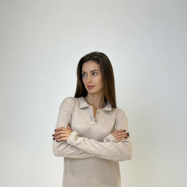 Сукня-поло жіноча з довгим рукавом трикотаж бежева 03339 фото